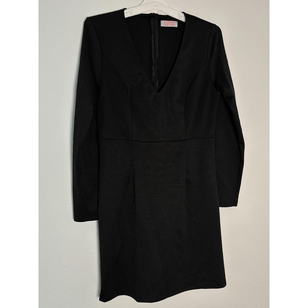 C+D+M A Line Dress Womens Large Black Pleated Plunge V Neck Waist Belt Back Zip